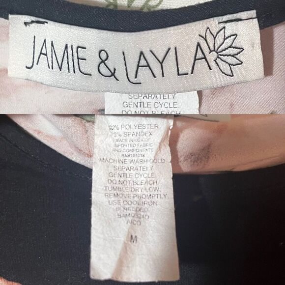 Jamie & Layla from Macys Floral Swing Dress Black Peach Bell Sleeves M - Picture 7 of 8